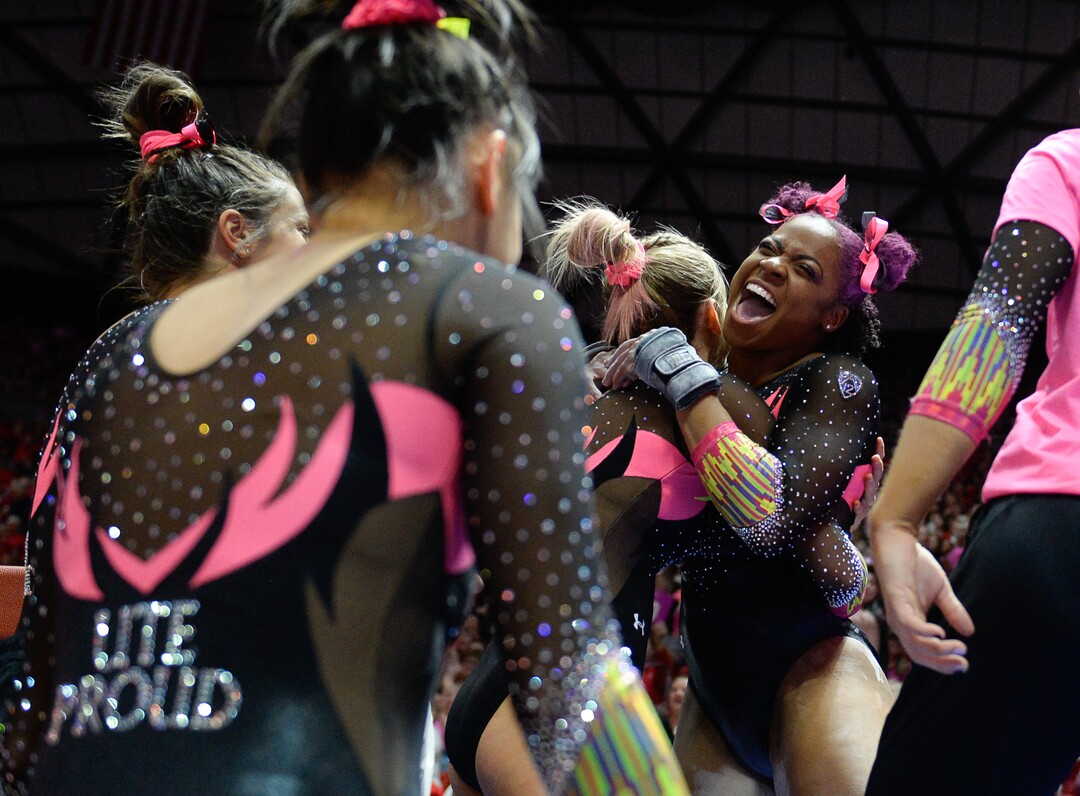 (Francisco Kjolseth  |  The Salt Lake Tribune) Cammy Hall celebrates her performance on the vault as the fourth-ranked University of Utah Red Rocks gymnastics team host Stanford, Friday, March 6, 2020, at the Jon M. Huntsman Center in Salt Lake City.