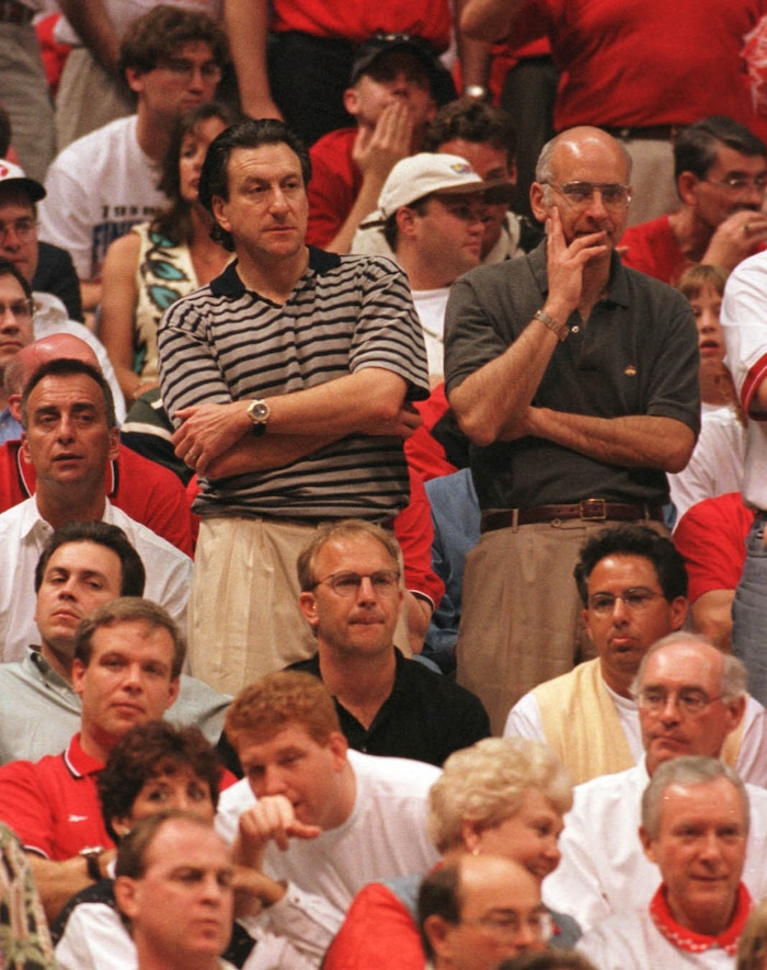 (Steve Griffin  |  Tribune file photo)  Celebrities in the Utah fan section at the 1998 Final Four championship included Kevin Costner (seated with black shirt and glasses) and Orrin Hatch (lower right) at the Alamodome in San Antonio, Texas.