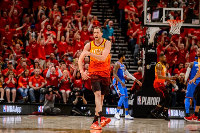 (Trent Nelson | The Salt Lake Tribune)  
Utah Jazz host the Oklahoma City Thunder, Game 3, NBA playoff basketball in Salt Lake City, Saturday April 21, 2018. Utah Jazz forward Joe Ingles (2) celebrates a three-pointer.