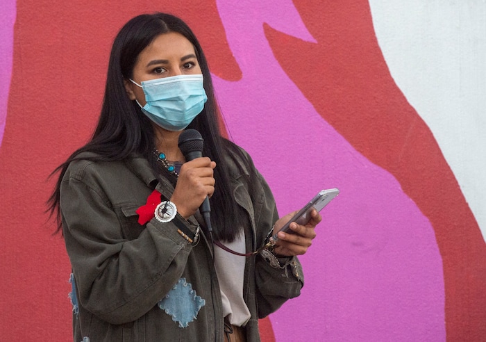 (Rick Egan  |  The Salt Lake Tribune)    Michelle Brown, campaign chair of the Missing and Murdered Indigenous Women organization speaks at the Indigenous Peoples Day celebration, on Monday, Oct. 12, 2020.
