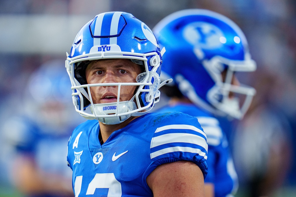 (Trent Nelson  |  The Salt Lake Tribune) Brigham Young Cougars quarterback Jake Retzlaff (12) as BYU hosts Southern Illinois, NCAA football in Provo on Saturday, Aug. 31, 2024.