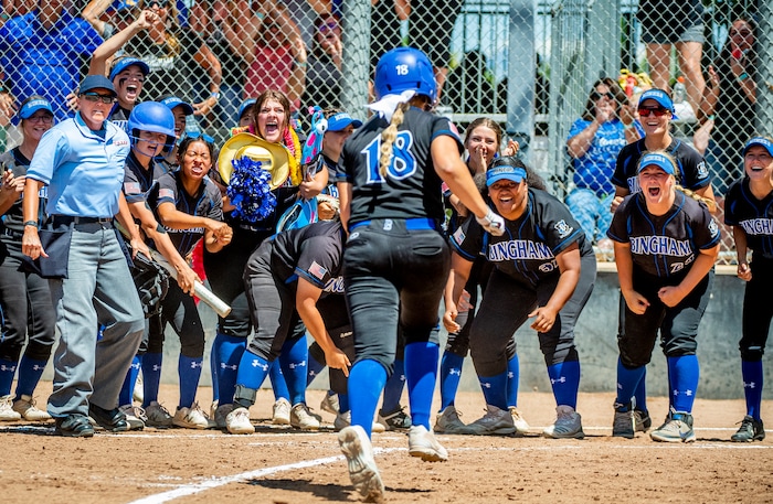 (Isaac Hale | Special to The Tribune) Bingham's Averi Hanny (18) makes her way to home plate where her teammates await her to celebrate her home run during the second game of a best-of-three series between the Bingham Miners and the Riverton Silverwolves as part of the 6A state softball championship held at the Spanish Fork Sports Park on Friday, May 28, 2021.