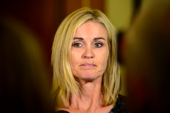 (Steve Griffin  |  The Salt Lake Tribune)  John Williams' niece, Amy Zaharis, speaks with the media after Third District Judge James Blanch sentenced Craig Crawford to life in prison without the possibility of parole after Crawford admitted that he trapped his 72-year-old estranged husband, well-known restaurateur John Williams, inside his home and then set it ablaze last year. Sentencing was at the Matheson Courthouse in Salt Lake City Thursday August 31, 2017. 