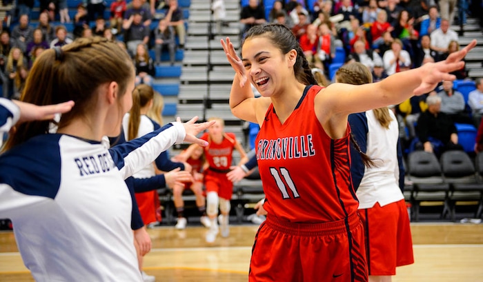 (Trent Nelson | The Salt Lake Tribune)  Springville's Kallysta Strong (11) during player introductions as Skyline faces Springville in the 5A High School Girls' Basketball Tournament at SLCC in Taylorsville, Wednesday Feb. 21, 2018.