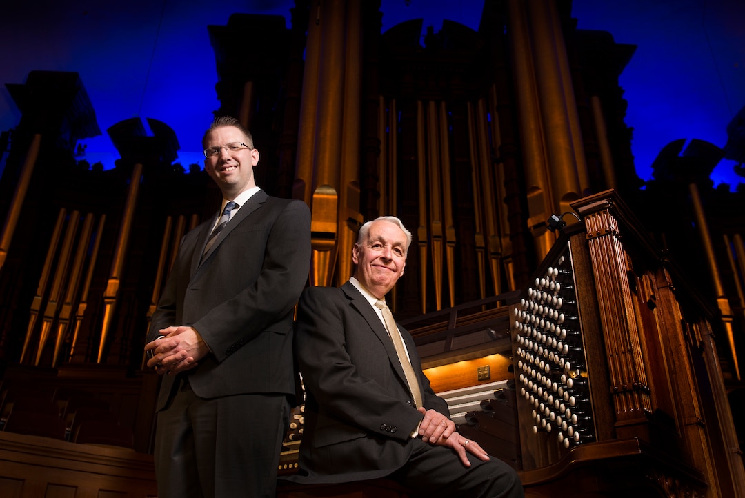 (Leah Hogsten  |  The Salt Lake Tribune) l-r "I've watched him play since I was thirteen," said Brian Mathias of Clay Christiansen, right. Mathias is the new incoming organist for the Mormon Tabernacle Choir and and Christiansen, who has been an organist since 1982 is set to retire. The two are pictured at the organ, Thursday, March 1, 2018. 