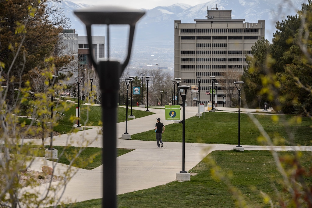 (Trent Nelson  |  The Salt Lake Tribune) The University of Utah campus in Salt Lake City, quiet and empty on Tuesday, April 7, 2020. University of Utah police are investigating a hate crime reported at a residence hall on campus, university officials announced this week.