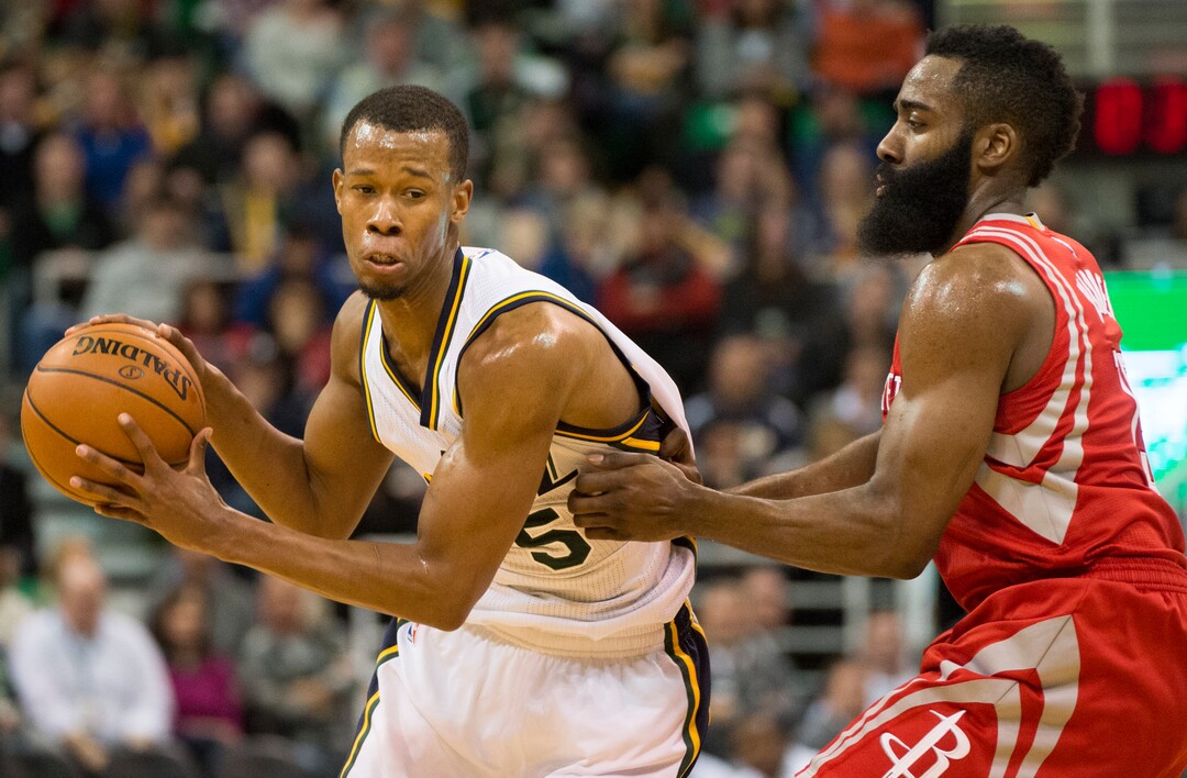 Rick Egan  |  The Salt Lake TribuneUtah Jazz guard Rodney Hood (5) makes a move, as Houston Rockets guard James Harden (13) defends, in NBA action, The Utah Jazz vs. The Houston Rockets, in Salt Lake City, Monday, January 4, 2016.