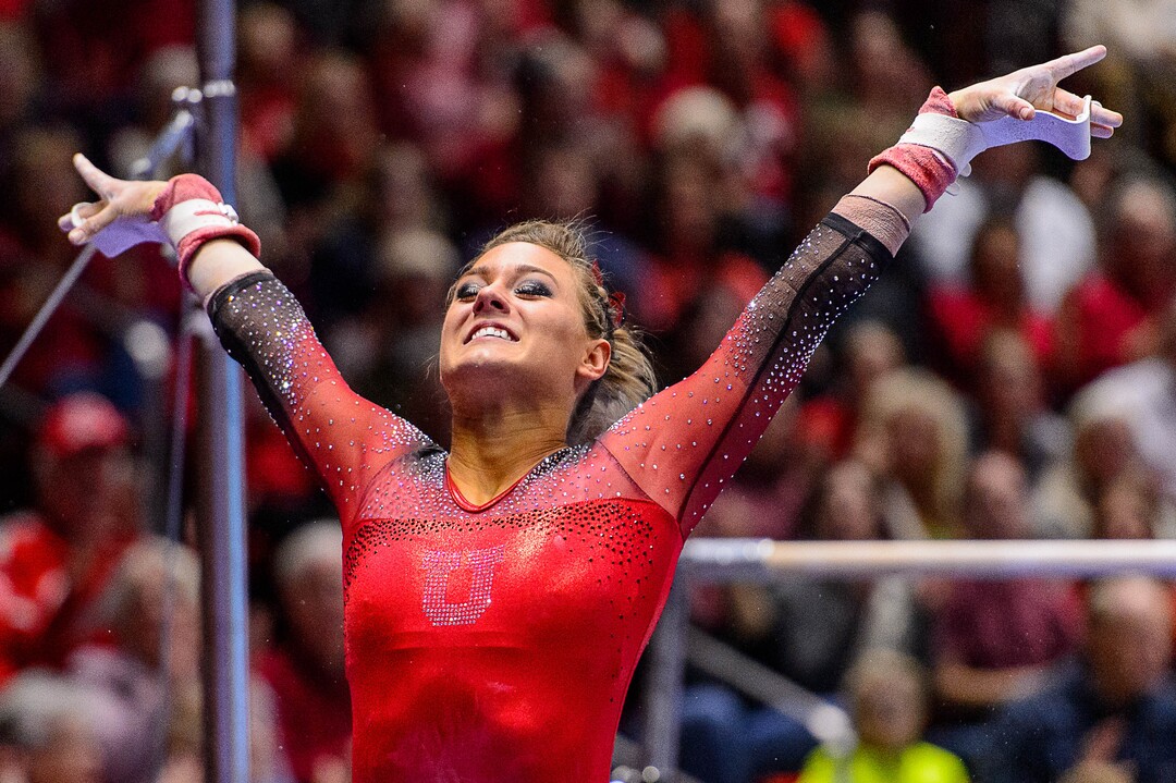 Trent Nelson  |  The Salt Lake TribuneTiffani Lewis on the bars as the University of Utah hosts Michigan, NCAA gymnastics at the Huntsman Center in Salt Lake City, Saturday January 7, 2017.