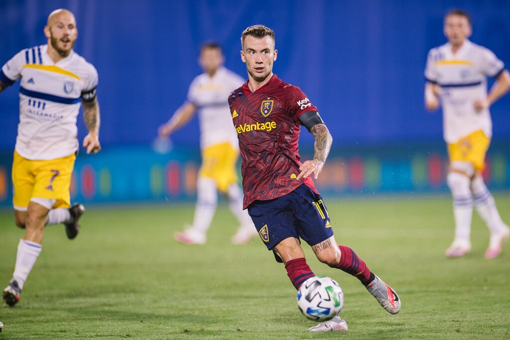 (Photo courtesy of Major League Soccer) Real Salt Lake midfielder Albert Rusnák passes the ball during the first half of the 5-2 loss to the San Jose Earthquakes on July 27, 2020, in the MLS is Back Tournament.