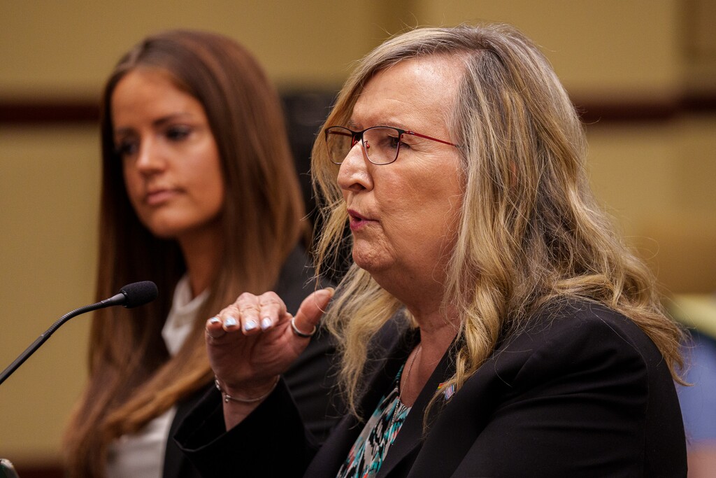 (Trent Nelson | Tribune file photo) Rep. Kera Birkeland, R-Morgan, and Sue Robbins, Equality Utah, at a meeting of the Health and Human Services Interim Committee at the State Capitol in Salt Lake City on Wednesday, June 16, 2021. Transgender treatment for minors and participation by transgender youth in school sports were the topics of discussion.