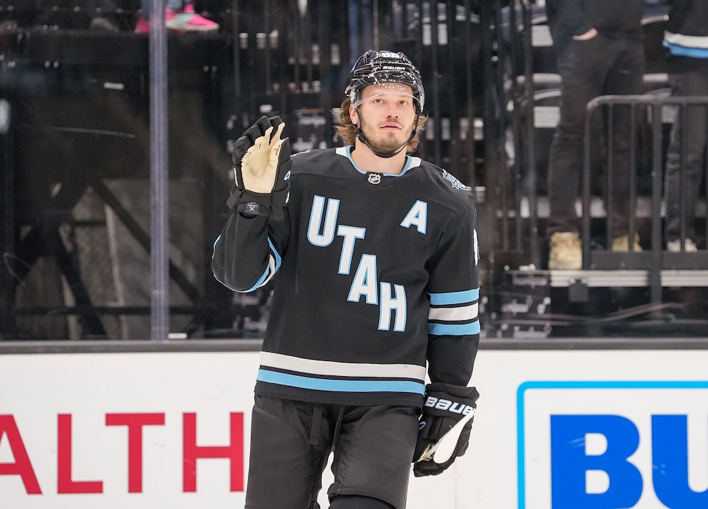 (Chris Samuels | The Salt Lake Tribune) Utah Hockey Club defenseman Mikhail Sergachev acknowledges the crowd after scoring a goal versus the Seattle Kraken at the Delta Center in Salt Lake City, Tuesday, April 8, 2025.