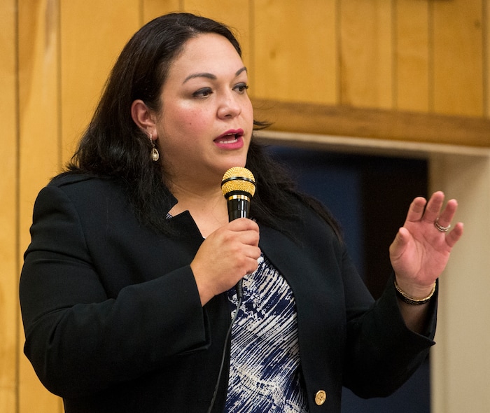 (Rick Egan  |  The Salt Lake Tribune)  Senator Luz Escamilla says a few words about homelessness at the Poplar community Alliance meeting at St Patrick Parish Social Hall, Friday, August 25, 2017.


