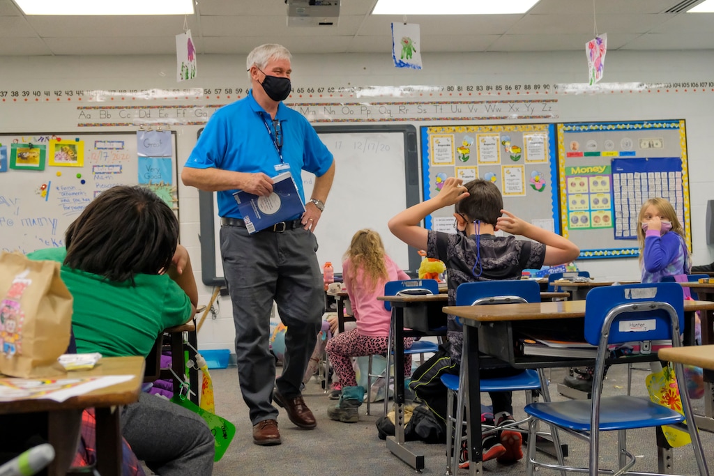 (Leah Hogsten | The Salt Lake Tribune) A substitute teachers instructs 2nd graders at Northlake Elementary in the Tooele School District. The school district will be under a mask order from the county for when cases of the coronavirus reach a certain threshold.