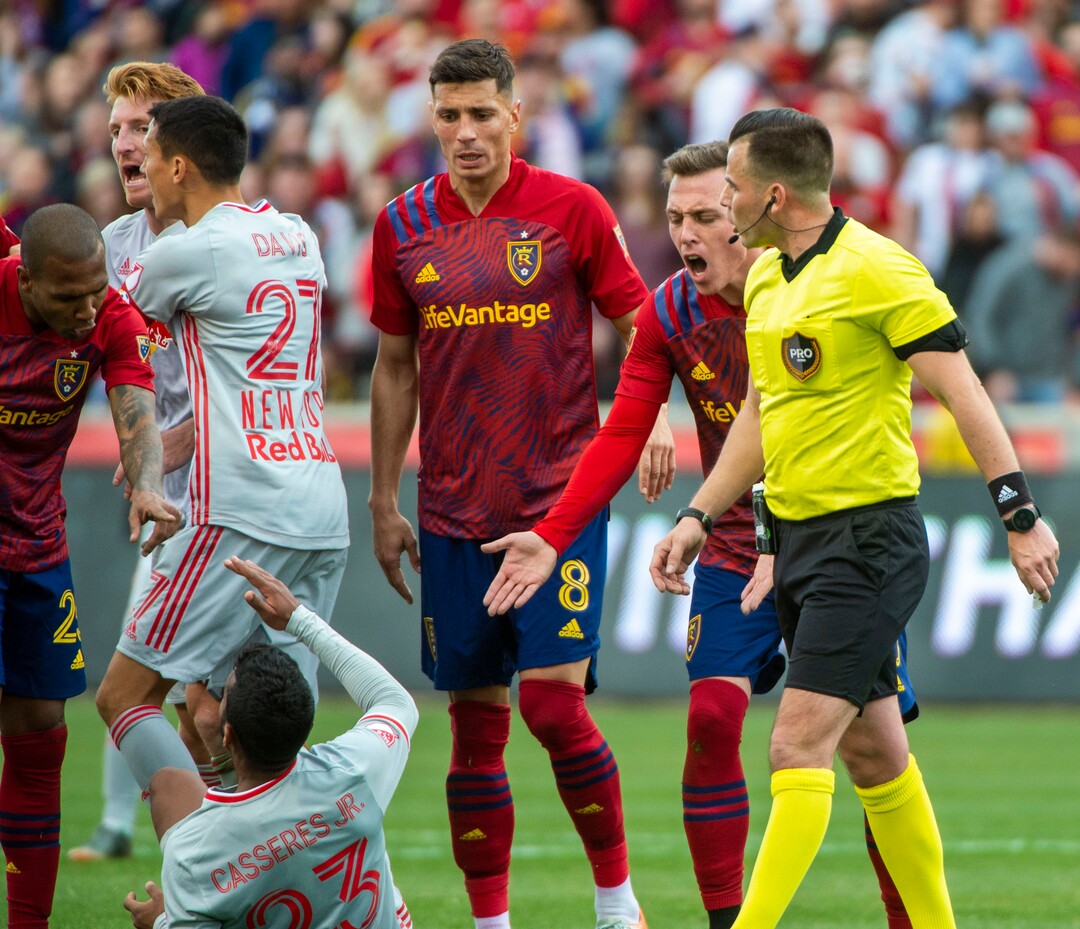 (Rick Egan  |  The Salt Lake Tribune)   Real Salt Lake forward Corey Baird (10)pleads his case with the official, as New York Red Bulls midfielder Cristian Casseres Jr (23) takes his time getting up, in MLS acton between Real Salt Lake and the New York Red Bulls at Rio Tinto Stadium, Saturday, March 7, 2020.