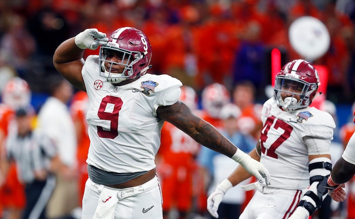 Alabama defensive lineman Da'Shawn Hand (9) celebrates his sack in the second half of the Sugar Bowl semi-final playoff game against Clemson for the NCAA college football national championship, in New Orleans, Monday, Jan. 1, 2018. (AP Photo/Butch Dill)