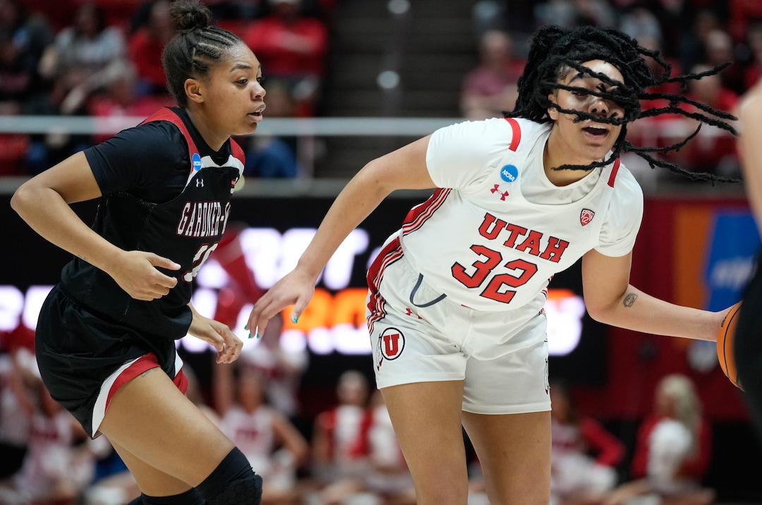 (Francisco Kjolseth | The Salt Lake Tribune) Utah Utes forward Teya Sidberry (32) moves past Gardner-Webb Runnin' Bulldogs forward Alasia Smith (30) of a first-round college basketball game in the NCAA Tournament, Friday, March 17, 2023, in Salt Lake City, Utah.