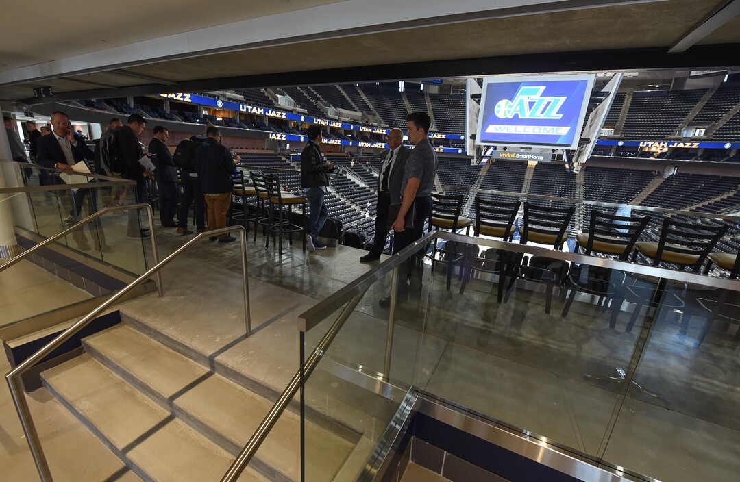 (Francisco Kjolseth  |  The Salt Lake Tribune)  The Jazz unveil renovations for the arena, starting with the J-Note statue and then offering self-guided tours of the venue on Tuesday, Sept. 26, 2017. The arena features new seats, new concourse areas, new anchor restaurants and open spaces for more social experiences at Jazz games and events.