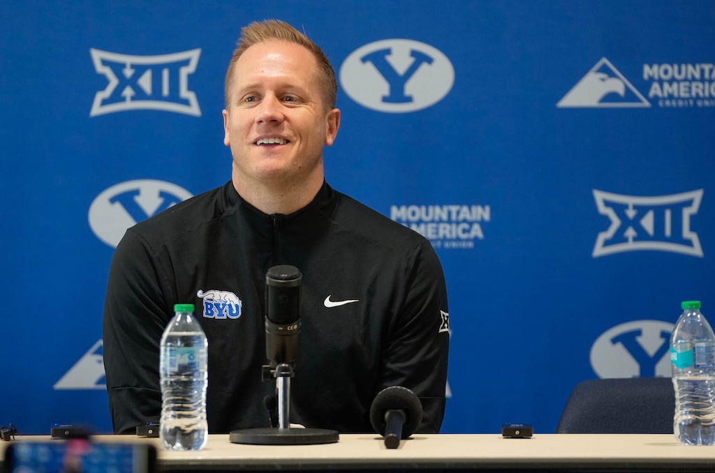 (Francisco Kjolseth | The Salt Lake Tribune) BYU basketball coach Kevin Young talks about player Egor Demin’s announcement to enter the NBA Draft, where he would likely be a first-round pick in June, during a news event in Provo on Tuesday, April 8, 2025.