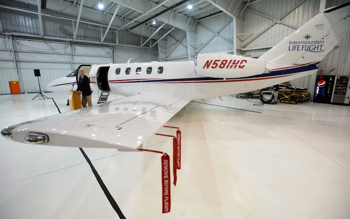 (Steve Griffin  |  The Salt Lake Tribune)  Tracy Schmidt, executive director of the Intermountain Donor Services, stands with the new Intermountain Life Flight jet that will be used primarily to retrieve organs for transplantation in the Intermountain West, as he talks with the media during a news conference at the Intermountain Life Flight Hangar at the Salt Lake International Airport in Salt Lake City Monday October 30, 2017.