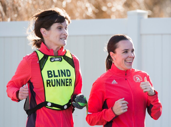 (Rick Egan  |  The Salt Lake Tribune)  Becky Andrews and Alanna Whetsel train for the Boston Marathon by running along David Boulevard in Bountiful, Thursday, March 29, 2018.