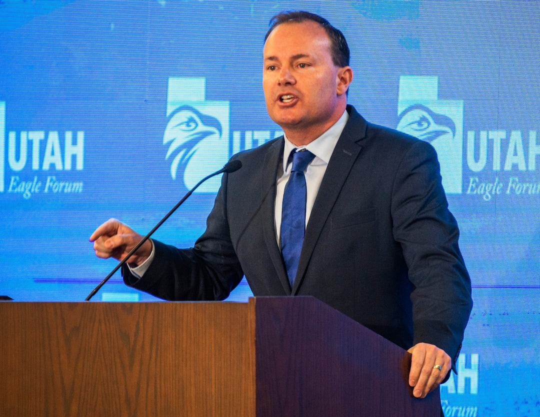 (Rick Egan  |  The Salt Lake Tribune)     Sen. Mike Lee shares his feelings about the Iran military briefing while speaking at the Utah Eagle Forum Convention, in Sandy, Saturday, Jan. 11, 2020.