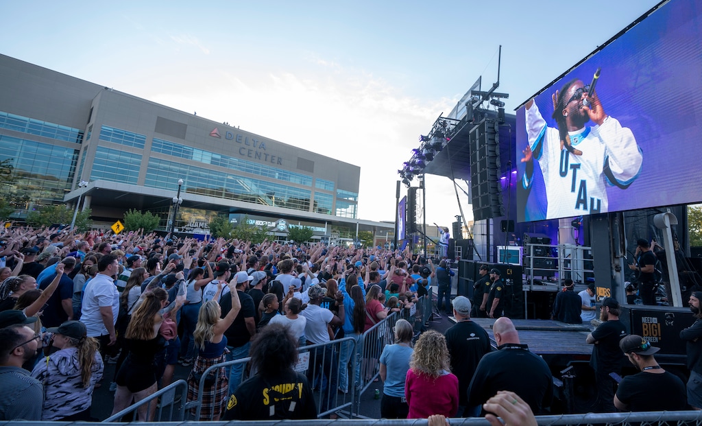 (Rick Egan | The Salt Lake Tribune) Shaboozey performs before the inaugural Utah Hockey Club game at the Delta Center on Tuesday, Oct. 8, 2024. The artist's track, "A Bar Song (Tipsy)," was Utah's most-streamed song of the year, according to Spotify.