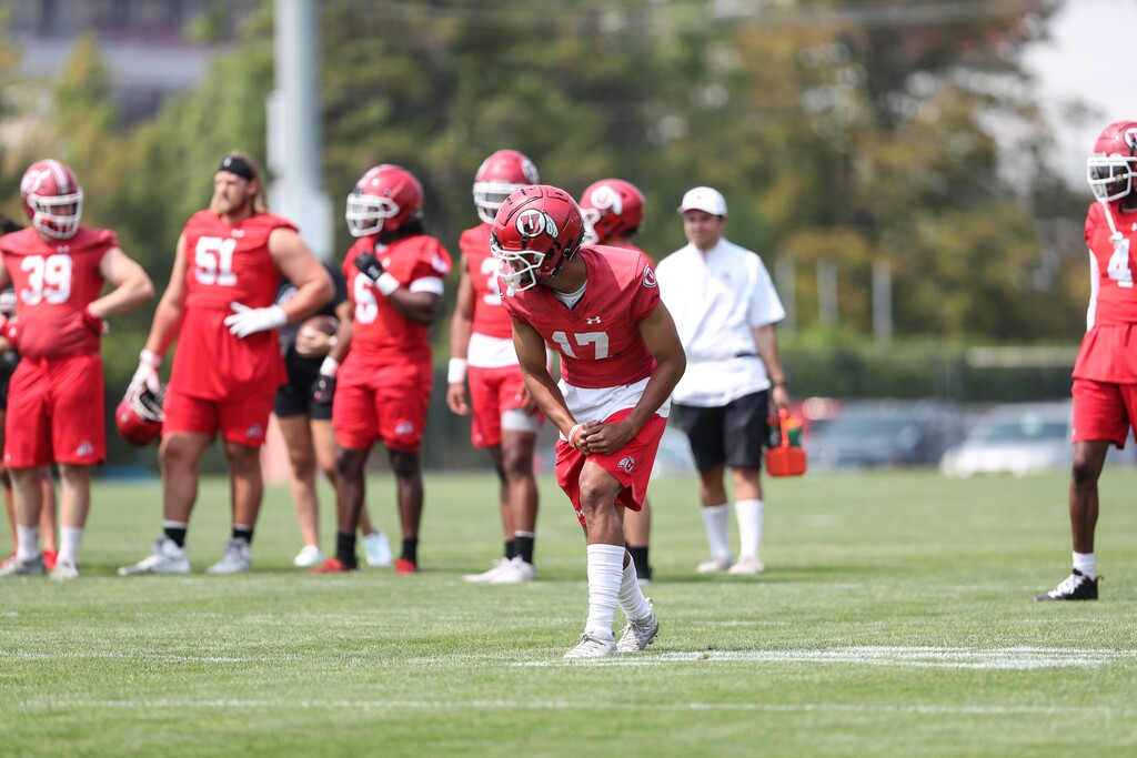 (Forrest Gmitro | University of Utah Athletics) University of Utah's Devaughn Vele lines up to run a play at a recent practice.