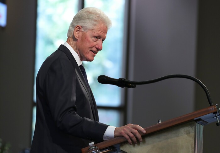 Former President Bill Clinton speaks during the funeral service for the late Rep. John Lewis, D-Ga., at Ebenezer Baptist Church in Atlanta, Thursday, July 30, 2020.  (Alyssa Pointer/Atlanta Journal-Constitution via AP, Pool)