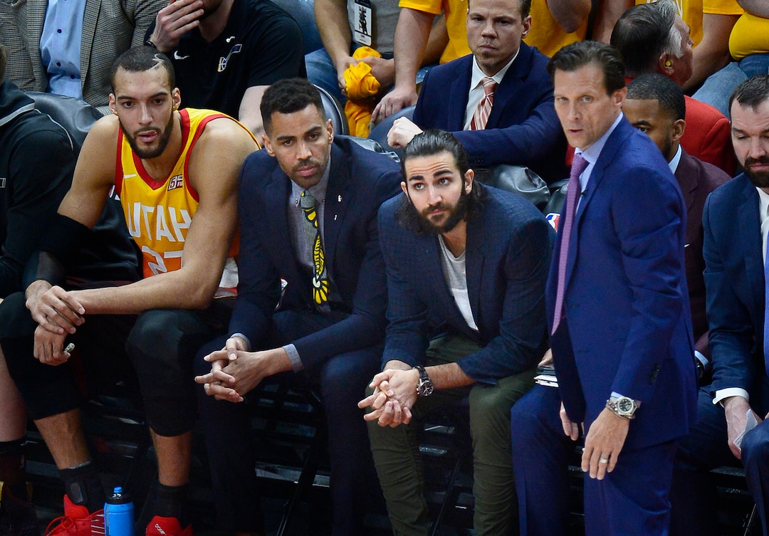 (Scott Sommerdorf | The Salt Lake Tribune)Utah Jazz guard Ricky Rubio (3) loos on from the bench during a disastrous first half. The Houston Rockets led the Utah Jazz 70-40 at the half of game 3, Friday, May 4, 2018.