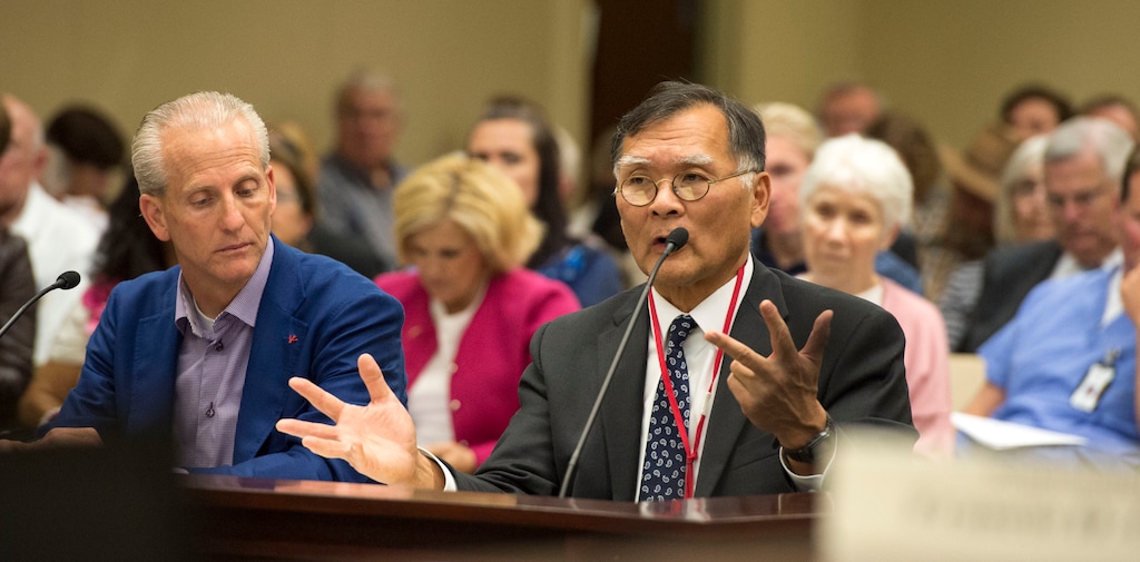 Steve Griffin  |  The Salt Lake Tribune

Senate President Wayne Niederhauser, left, listens as Sen. Brian E. Shiozawa, R-Salt Lake City, addresses the Health Reform Task Force during an October meeting to discuss where Utah is at on covering low-income residents falling in the current insurance gap. With Shiozawa leaving for a job in Colorado, Republican delegates selected Brian Zehnder to replace him.