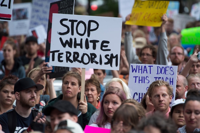 (Rick Egan  |  The Salt Lake Tribune) Crowds gather at the City and County Building for the Charlottesville Va. solidarity rally, hosted by Utah League of Native American Voters, Monday, August 14, 2017.


