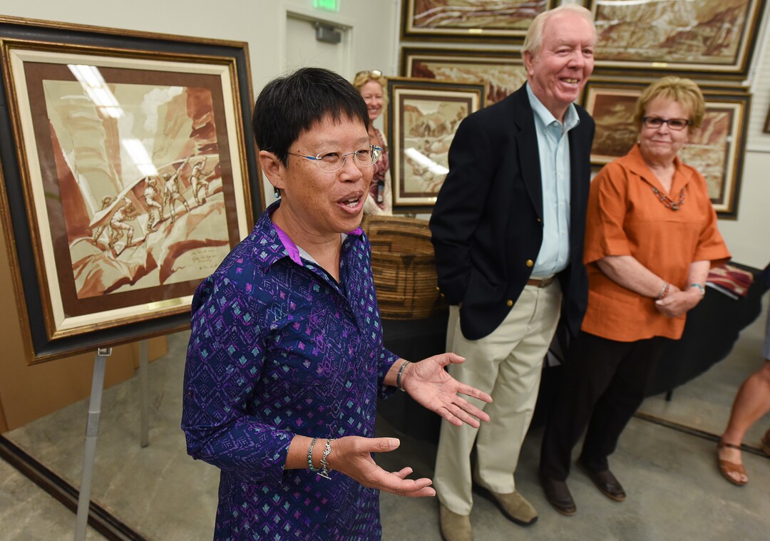 (Francisco Kjolseth  |  The Salt Lake Tribune)  University of Utah Geology and Geophysics Professor Marjorie Chan talks about how she came in contact with several newly acquired cultural artifacts collected by John Wesley Powell, well known in Utah for his famed Colorado River expeditions in 1869 and during 1871-1872. At right are Powell experts and distinguished anthropologists Don D. Fowler and Catherine Sweeney Fowler from the Universityof Nevada, Reno.