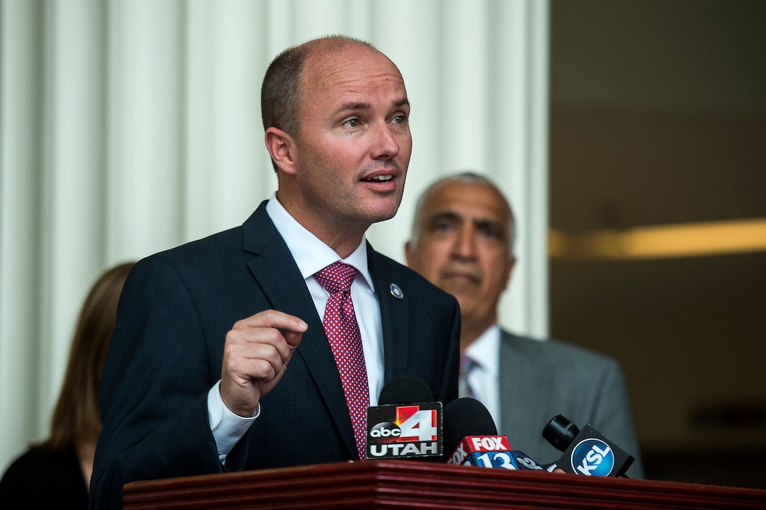 (Chris Detrick  |  The Salt Lake Tribune)  ​Lt.​ ​Gov.​ ​Spencer​ ​Cox speaks during a press conference at Matheson Courthouse Wednesday, September 13, 2017. 