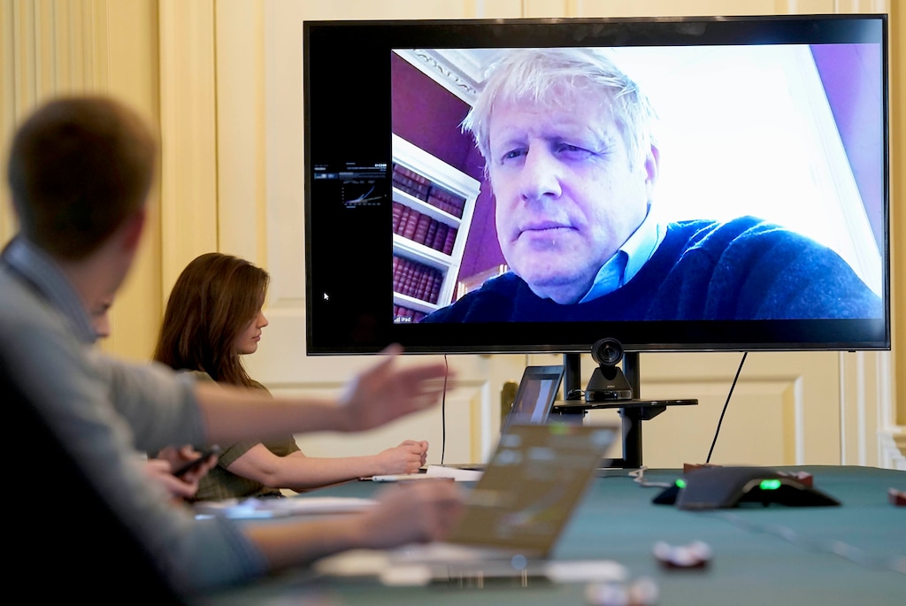 (Andrew Parsons | 10 Downing Street via AP) In this Saturday, March 28, 2020 handout photo provided by the prime minister's office, Britain's Prime Minister Boris Johnson chairs the morning COVID-19 Meeting remotely after self isolating after testing positive for the coronavirus, at 10 Downing Street, London. British Prime Minister Boris Johnson has been admitted to a hospital with the coronavirus. Johnson’s office says he is being admitted for tests because he still has symptoms 10 days after testing positive for the virus.