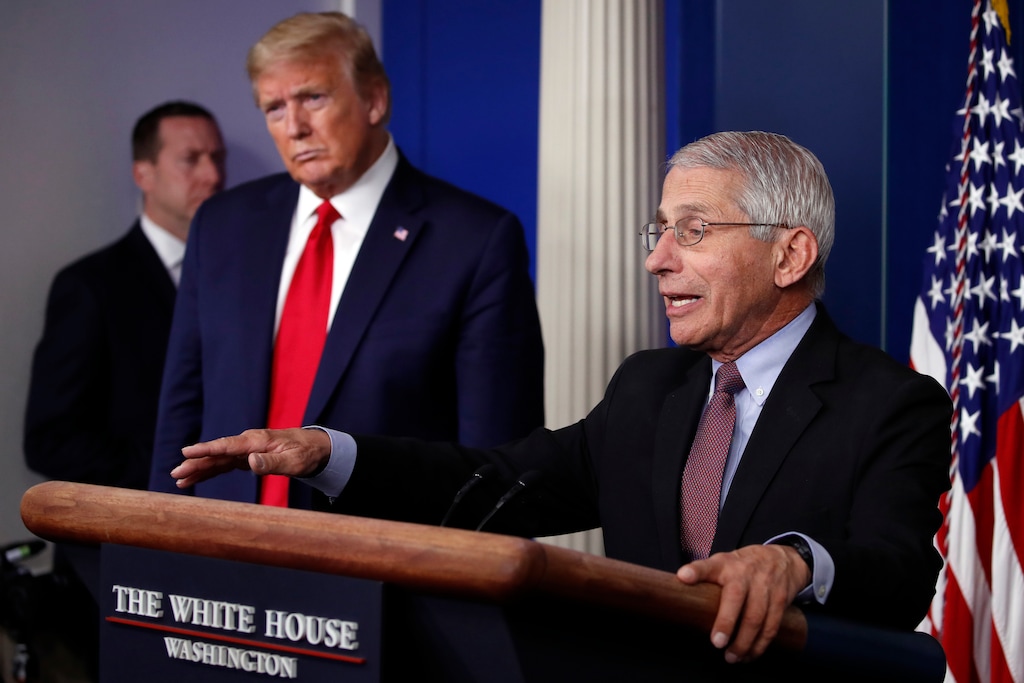(Alex Brandon | AP file photo)  President Donald Trump listens as Dr. Anthony Fauci, director of the National Institute of Allergy and Infectious Diseases, speaks about the coronavirus in the James Brady Press Briefing Room of the White House in Washington on April 22, 2020.