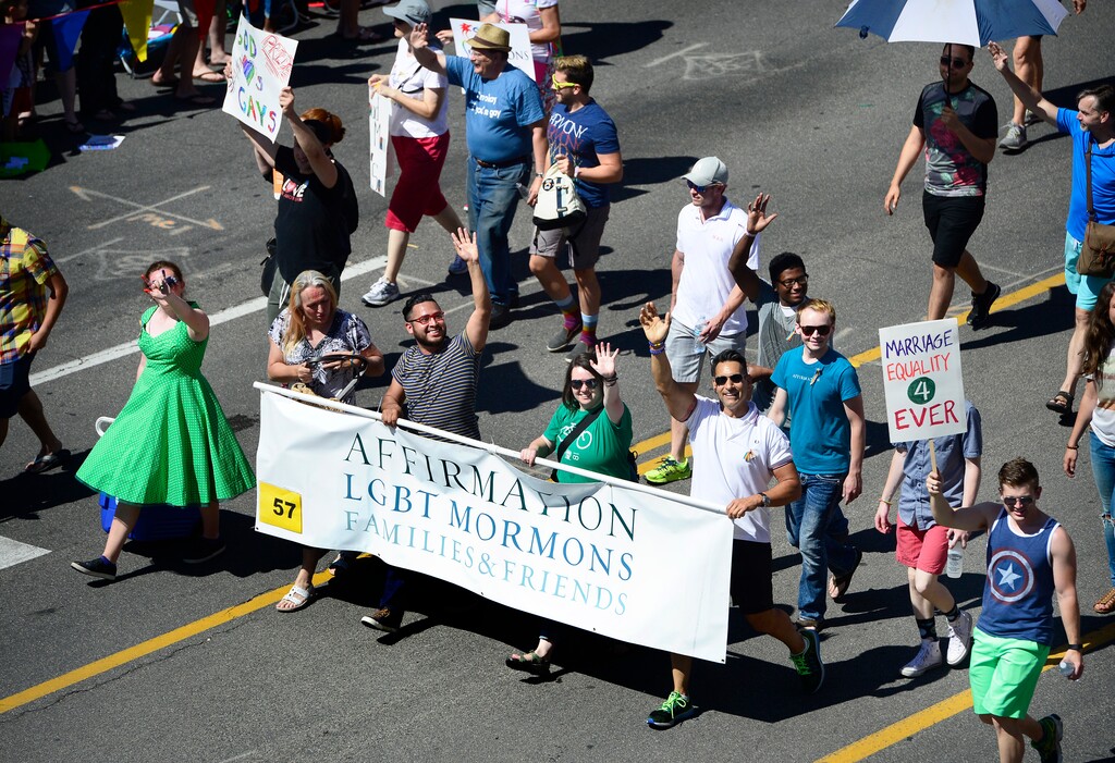 Scott Sommerdorf   |  The Salt Lake Tribune  Affirmation LGBT Mormons march during the 2016 Pride Parade heads up 200S, Sunday, June 5, 2016.