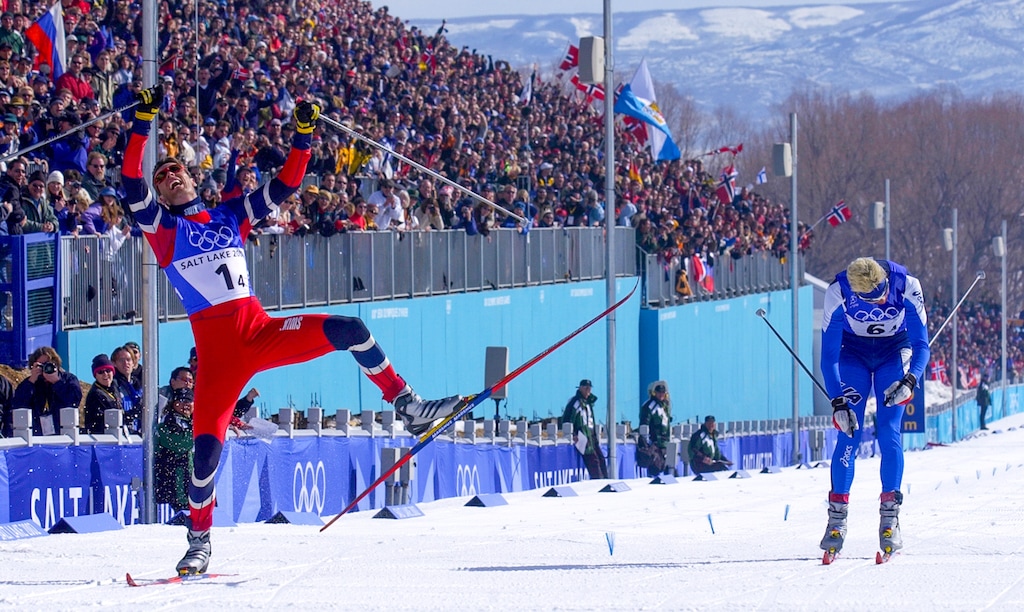 (Trent Nelson | The Salt Lake Tribune) Norway and Italy in the tight finish at the Men's 4x10km Relay cross-country skiing competition at Soldier Hollow, 2002 Olympic Winter Games on Sunday, Feb. 17, 2002.