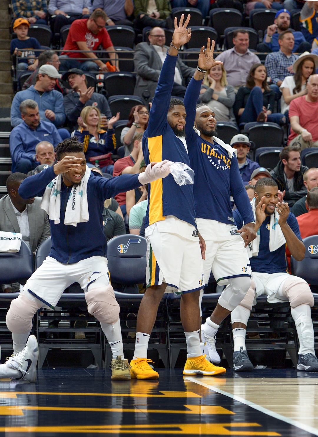 (Leah Hogsten  |  The Salt Lake Tribune)  l-r Utah Jazz guard Donovan Mitchell (45), forward Royce O'Neale (23) forward Jae Crowder (99) and  forward Derrick Favors (15) celebrate teammate Jonas Jerebko's 3-point bucket. The Utah Jazz defeated the Golden State Warriors 119-79 during their game, Tuesday, April 10, 2018 at the Vivant Smart Home Arena. 