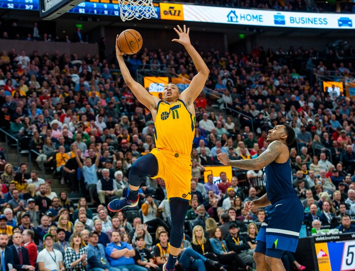 (Rick Egan  |  The Salt Lake Tribune)     Utah Jazz guard Dante Exum (11) takes the ball in for a layup after stealing it from Minnesota Timberwolves, in NBA action between the Utah Jazz and the Minnesota Timberwolves in Salt Lake City, Monday, Nov. 18, 2019.