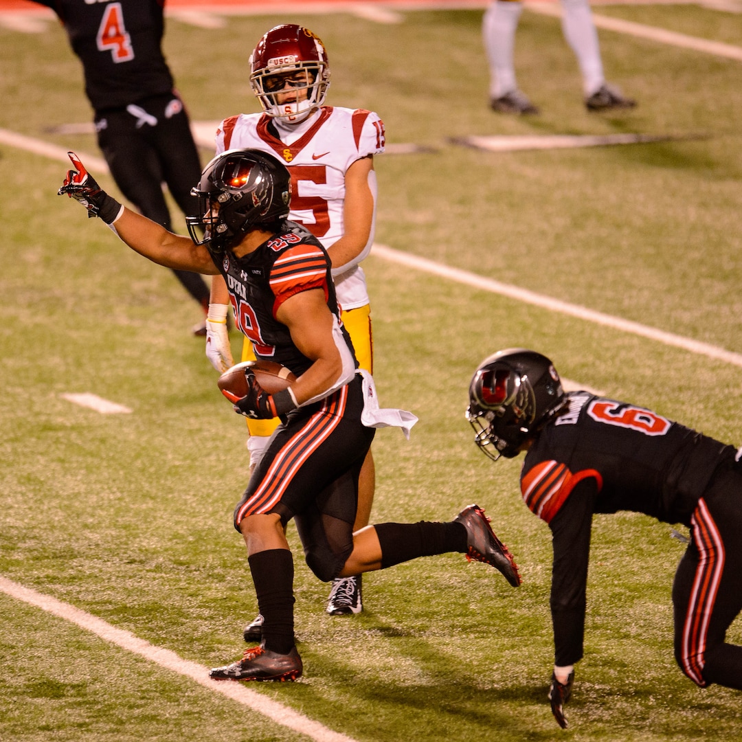 (Trent Nelson  |  The Salt Lake Tribune) Utah Utes linebacker Nephi Sewell (29) celebrates an interception as the Utah Utes host the USC Trojans, NCAA football at Rice-Eccles Stadium in Salt Lake City on Saturday, Nov. 21, 2020.