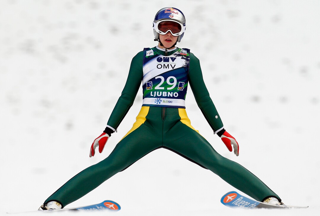 Sarah Hendrickson from the U.S. competes to place third at the Ski Jumping World Cup women's event in Ljubno, Slovenia, Saturday, Feb. 14, 2015. (AP Photo/Darko Bandic)