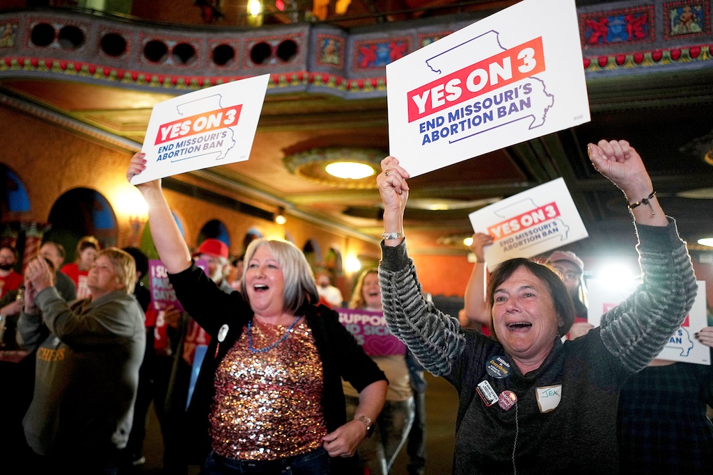 (Charlie Riedel | AP) People at a election night watch party react after an abortion-rights amendment to the Missouri Constitution passed in 2024. The issue is on the ballot again this year.