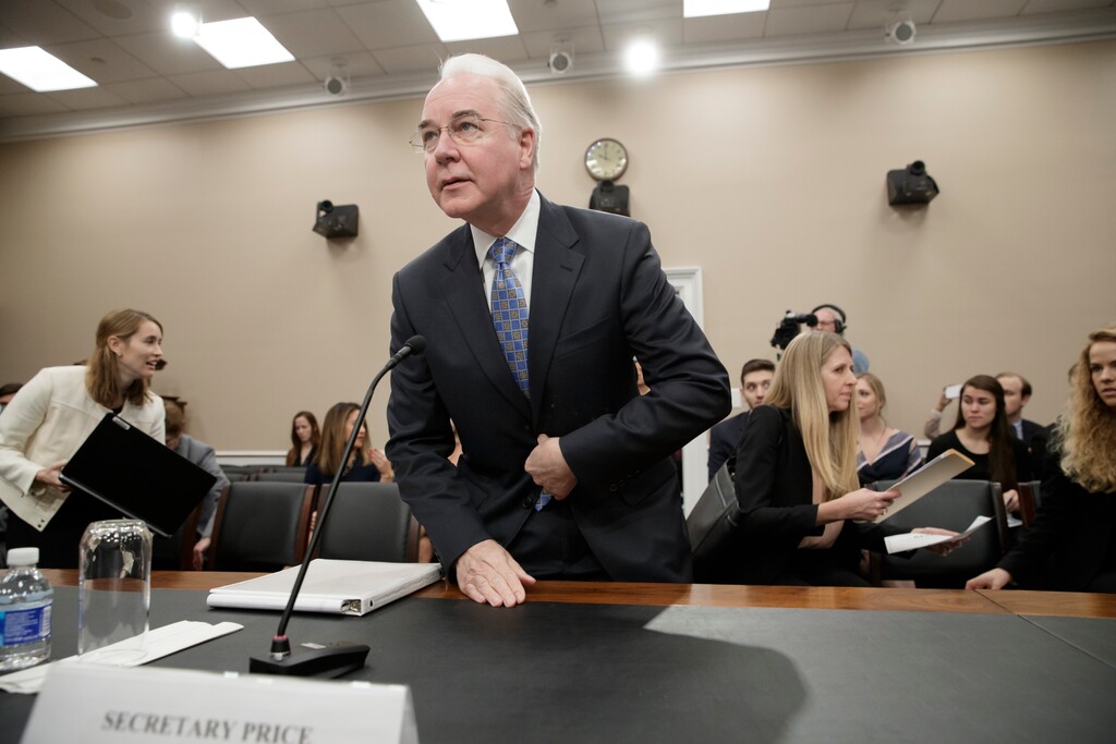 Health and Human Services Secretary Tom Price, a doctor and former congressman, arrives on Capitol Hill in Washington, Wednesday, March 29, 2017, to testify before a House Appropriations subcommittee hearing to outline the Trump Administration's proposals to trim the HHS budget.  (AP Photo/J. Scott Applewhite)