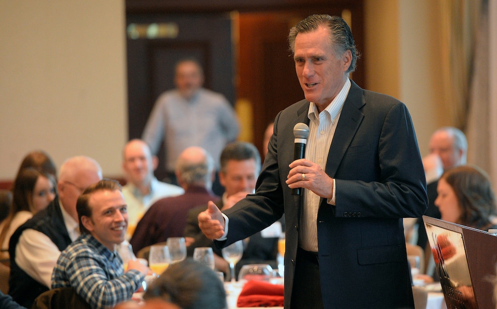 (Al Hartmann  |  The Salt Lake Tribune) 	
Republican Senate candidate Mitt Romney speaks and answers questions at an informal breakfast with state delegates Wednesday, March 28, 2018, in Salt Lake City.