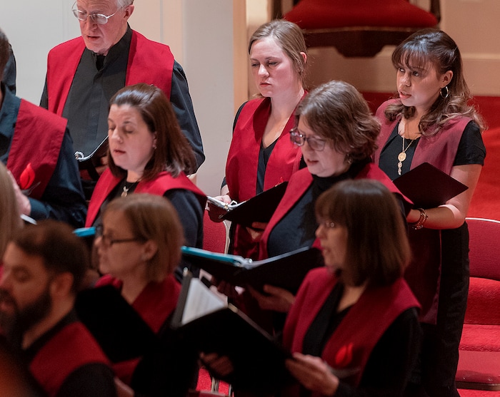 (Michael Mangum  |  Special to the Tribune)

Vicky Chavez, top right, sings with the rest of the choir during a vigil held at First Unitarian Church in Salt Lake City, UT on Wednesday, January 30th, 2019. The vigil marked the one-year anniversary of when Chavez came to the church seeking sanctuary from deportation.
