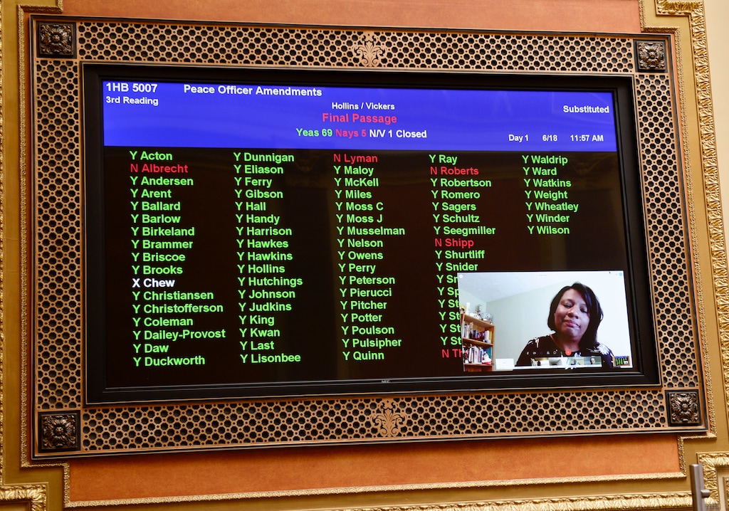 (Leah Hogsten  |  The Salt Lake Tribune) Rep. Sandra Hollins, D-Salt Lake City, smiles as her bill to ban police officers from using “knee-on-neck” chokeholds passes the House, 69-5 during the morning session of the Utah Legislature’s Fifth Special Session on Thursday, June 18, 2020. The legislation also prohibits Utah’s police academy or local agencies from teaching new officers how to use chokeholds, carotid restraints or “any act that impedes the breathing or circulation of blood likely to produce a loss of consciousness” as a valid form of restraint.