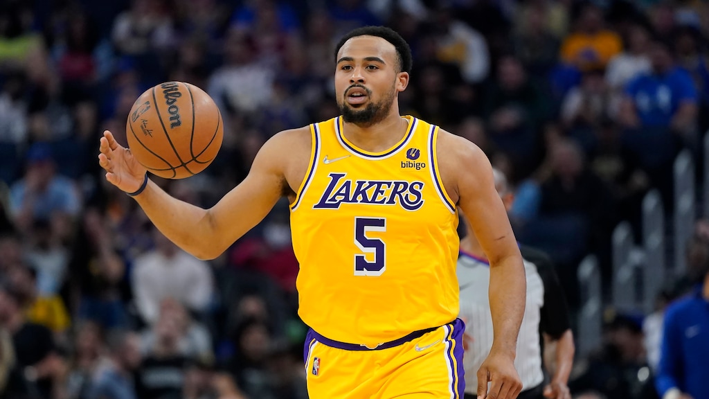 Los Angeles Lakers guard Talen Horton-Tucker (5) during an NBA basketball game against the Golden State Warriors in San Francisco, Thursday, April 7, 2022. (AP Photo/Jeff Chiu)