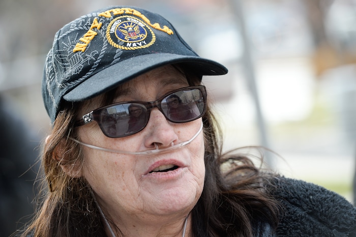 (Francisco Kjolseth  |  The Salt Lake Tribune)  Penny Larsen, a disabled Navy veteran, is concerned with the House plan that eliminates the Work Opportunity Tax Credit (WOTC), which gives employers incentives to hire disabled veterans. A group of Utahns gathered to rally at the Wallace Bennett Federal Building in Salt Lake to tell personal stories of how they might be impacted by the tax reform plans currently on the table in Congress.