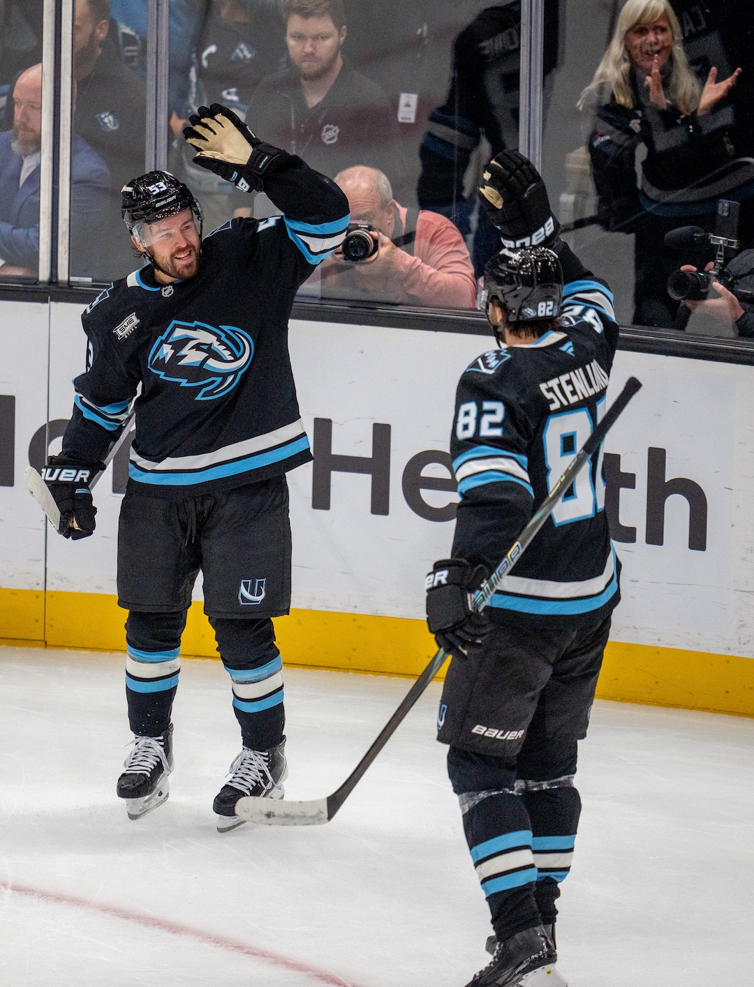 (Trent Nelson  |  The Salt Lake Tribune) Utah Mammoth left wing Michael Carcone (53) celebrates a goal as the Utah Mammoth host the Chicago Blackhawks, NHL hockey in Salt Lake City on Thursday, Oct. 1, 2026.