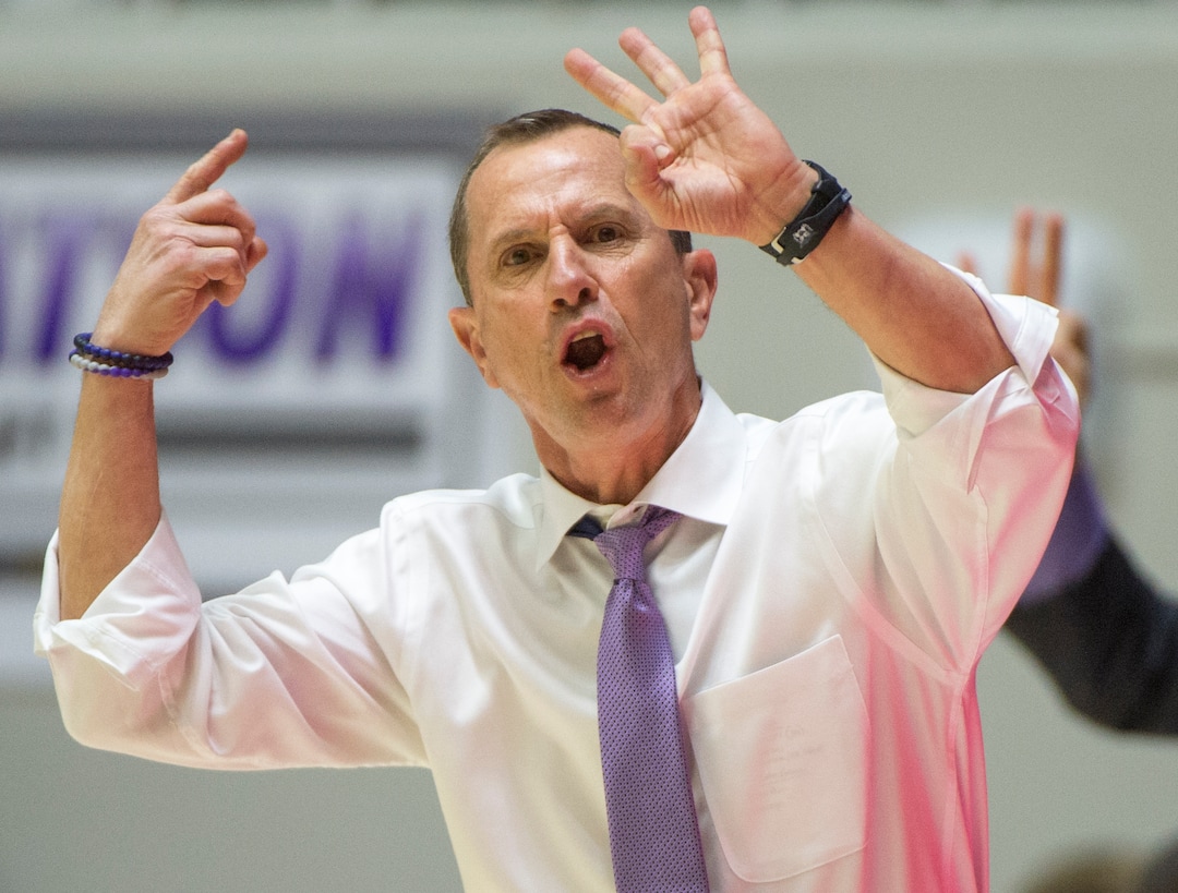 (Rick Egan  |  The Salt Lake Tribune)       Weber State Wildcats head coach Randy Rahe, shouts instructions to his players in basketball action between Brigham Young Cougars and Weber State Wildcats, at the Dee Event Center in Ogden, Saturday, Dec. 1, 2018.
